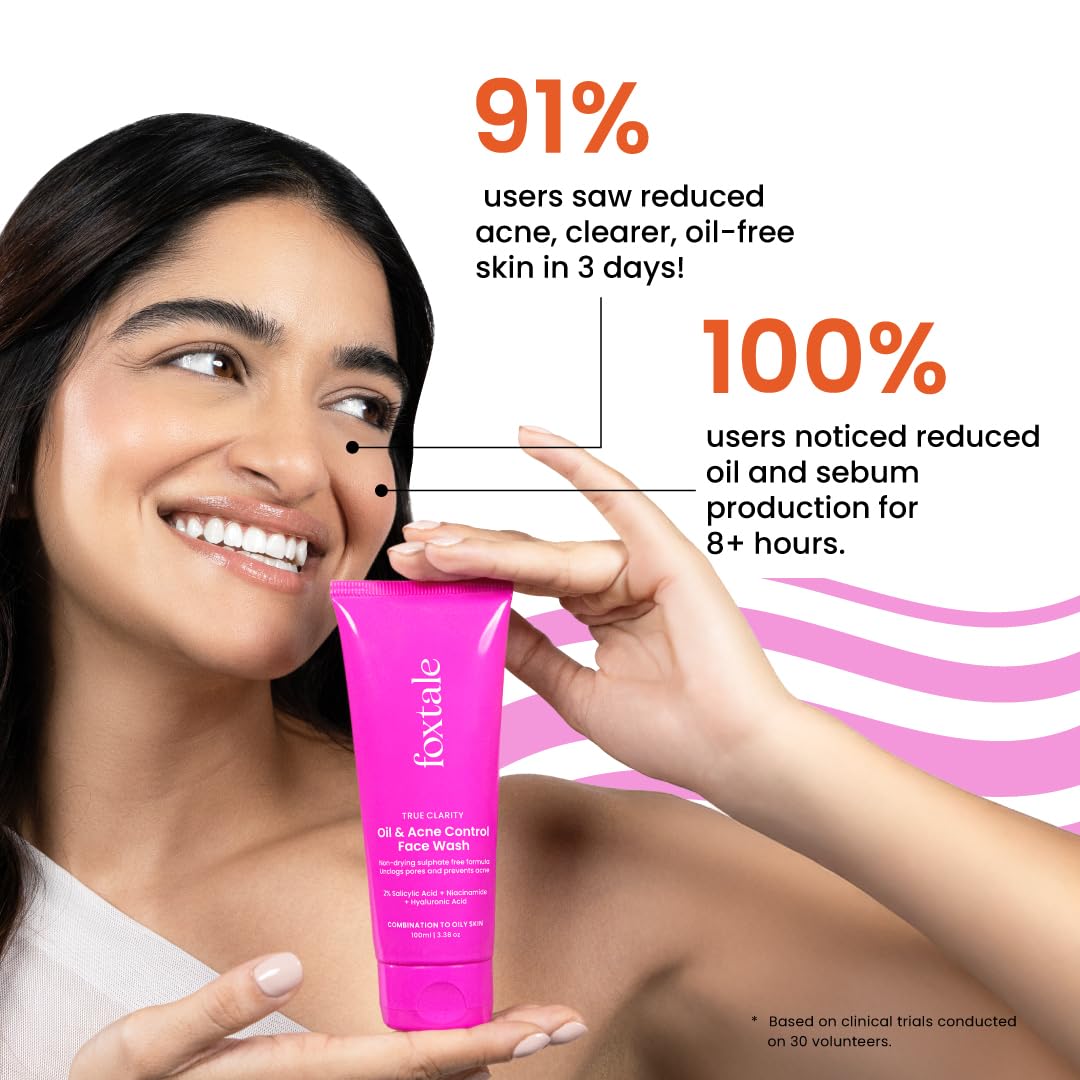 Foxtale Oil and Acne Control Face Wash | 2% Salicylic Acid + Niacinamide + Cica + Hyaluronic Acid | Fights Acne, Fades Marks, Controls Oil, Soothes Skin | Non-Drying Cleanser for Oily Skin