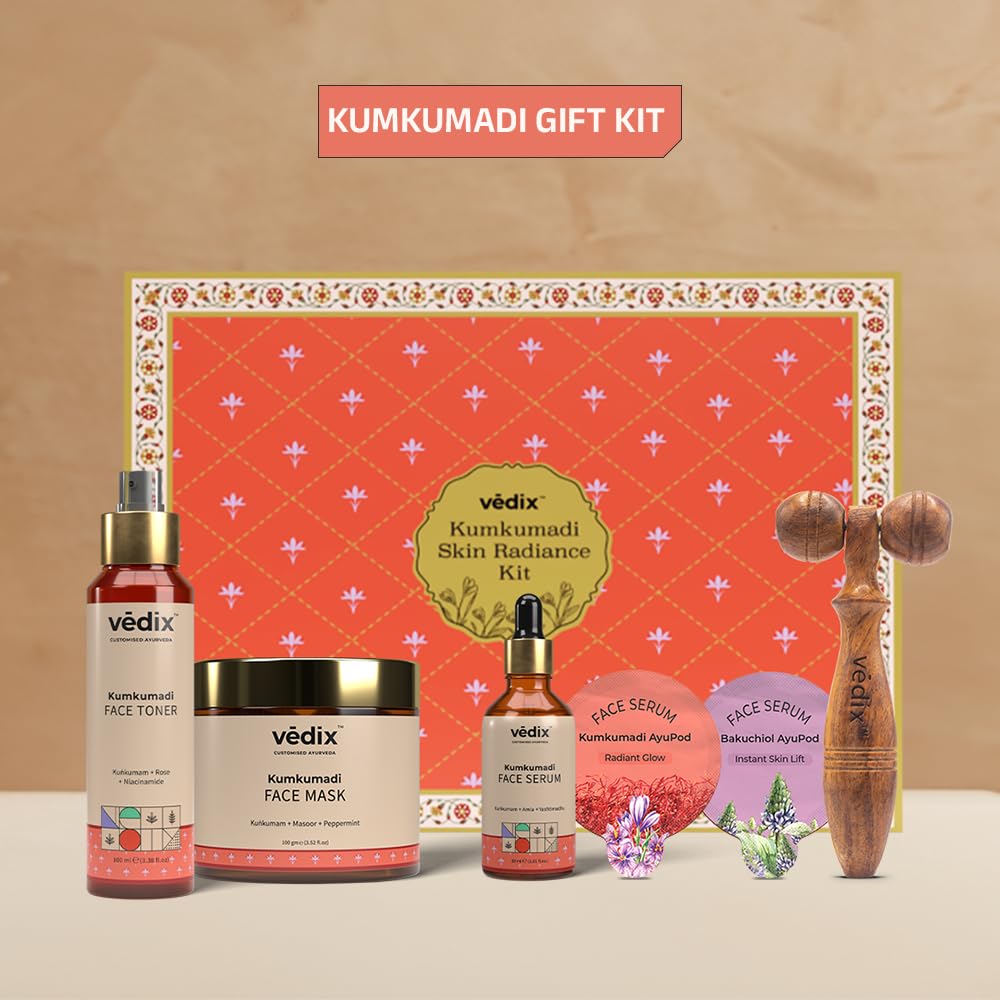 Vedix Kumkumadi Skin Radiance Kit - Ayurvedic Toner, Mask, Serum, Bakuchiol & Ayupods, Face Roller | 6 Product Combo