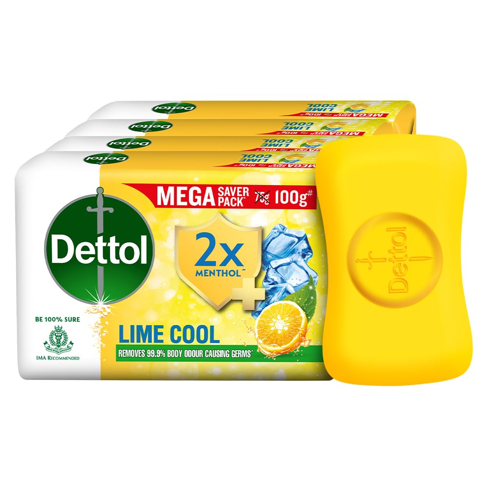 Dettol Lime Cool Bathing Soap Bar with 2x Menthol (400gm) | Long Lasting Freshness, 100gm Pack of 4
