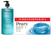Pears Soft & Fresh Shower Gel SuperSaver XL Pump Bottle with 98% Pure Glycerine, 750 ml & Pears Soft & Fresh Bathing Bar with 98% Pure Glycerine & Mint Extracts - For Fresh Glow (125g x 4)