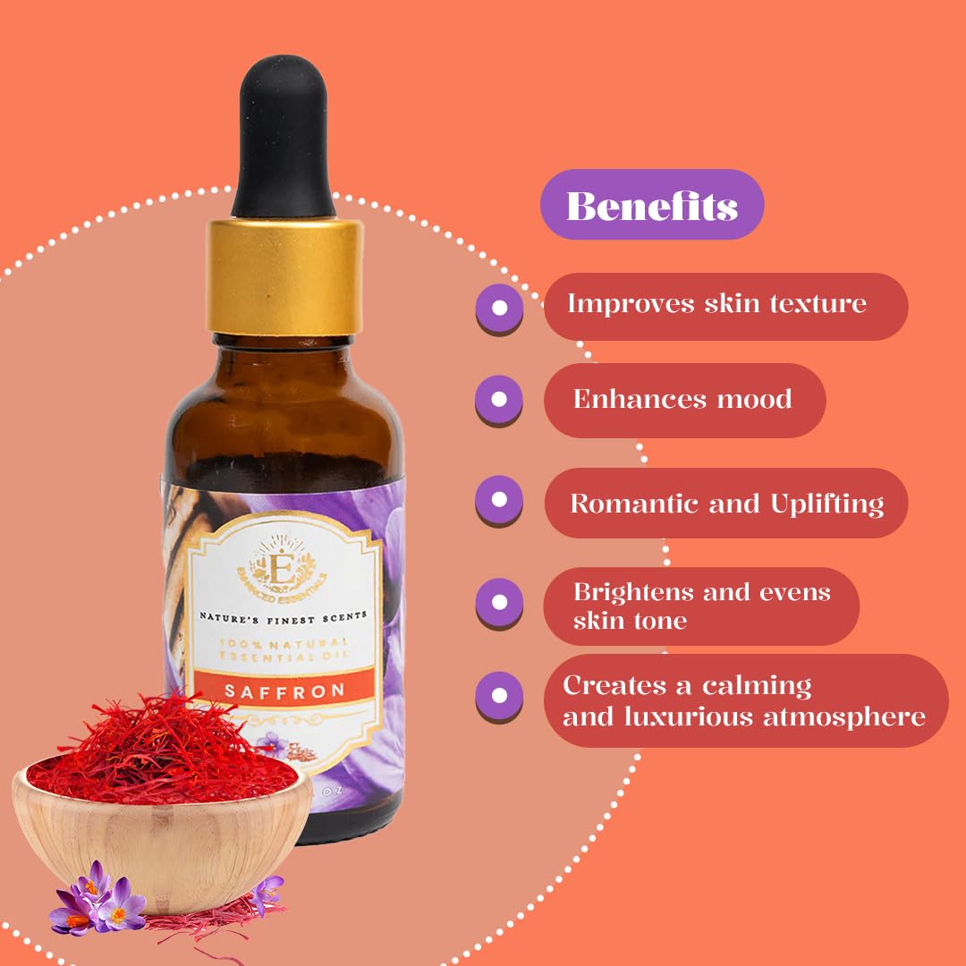 Luxurious Saffron Essential Oil by Enhanced Essentials|Therapeutic Grade|Organic,Natural & Concentrated Kesar Oil for Fragrance, Skin Care, Aromatherapy, Bath, Massage,Humidifiers, Soap and Candle making| 30 ml