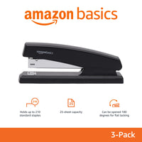 Basics Stapler with 1000 Staples, Office Stapler, 25 Sheet Capacity, Non-Slip, Black, 3 Pack 3-Pack