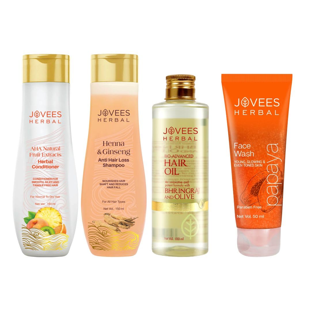 Jovees Herbal Herbal Hair Conditioner (150ml) + Henna & Ginseng Anti Hair Loss Shampoo (150ml) + Bringraj & Olive Hair Oil-(100ml) + Papaya Face wash (50ml) Set Of 4