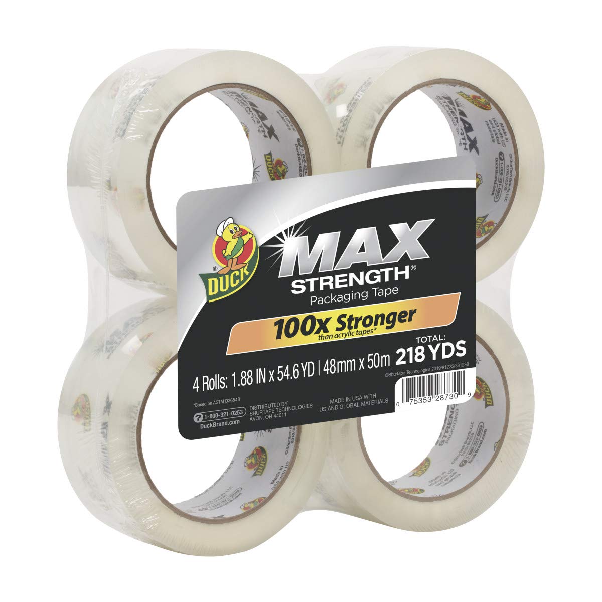 Duck Max Strength Clear Packaging Tape, 4 Rolls, 218.4 Yards, Maximum Strength Heavy Duty Packing Tape for Shipping & Moving, Strong Packing Tape Refills for Boxes, 1.88 In. x 54.6 Yd. (241511) 1.88" x 54.6 Yards