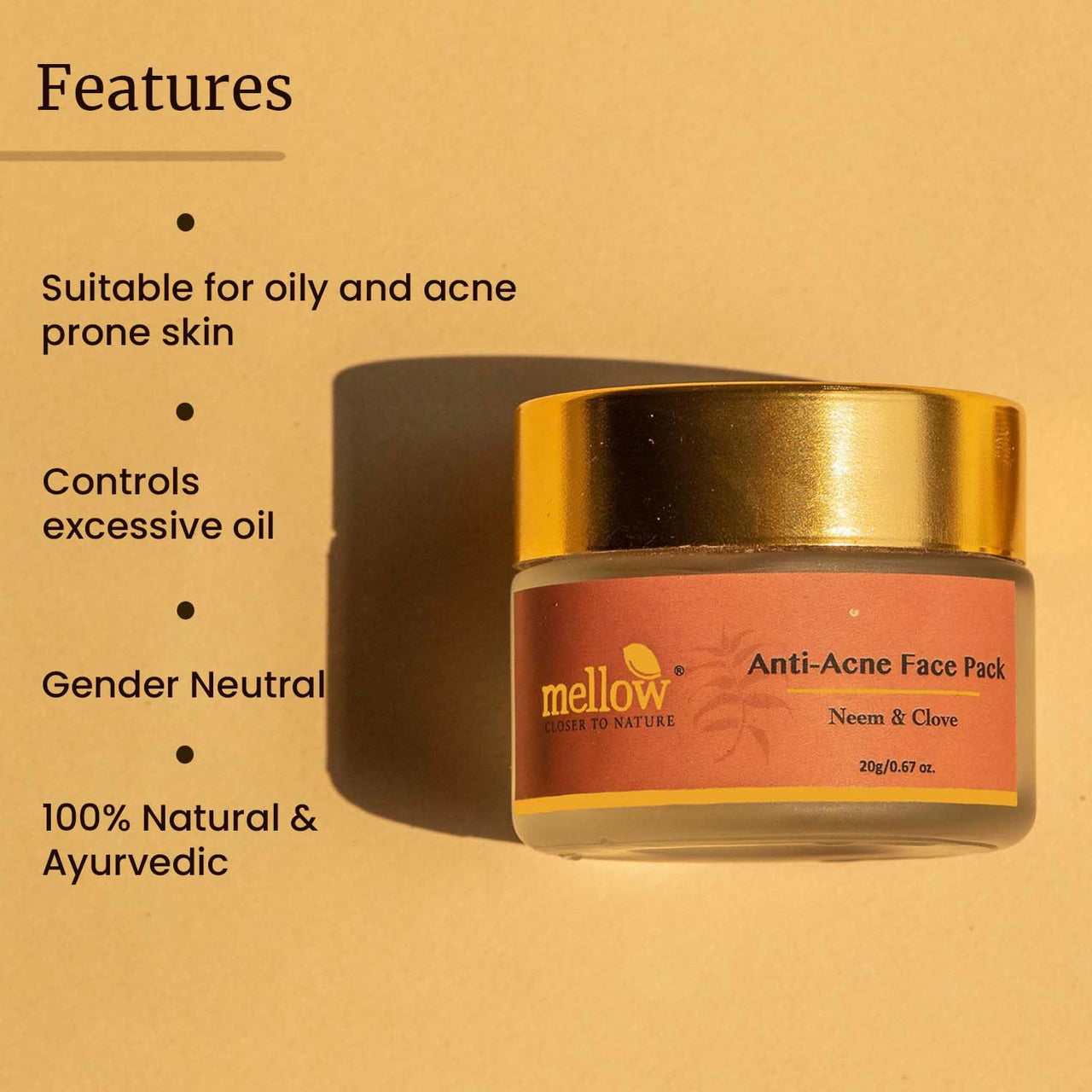 Mellow Herbal Anti Acne Face Pack | Ayurvedic Neem, Clove & Multani Mitti | Controls Oil, Reduces Pimples & Acne Scars | Deep Cleansing & Detoxifying | Natural & Chemical-Free | 20gm