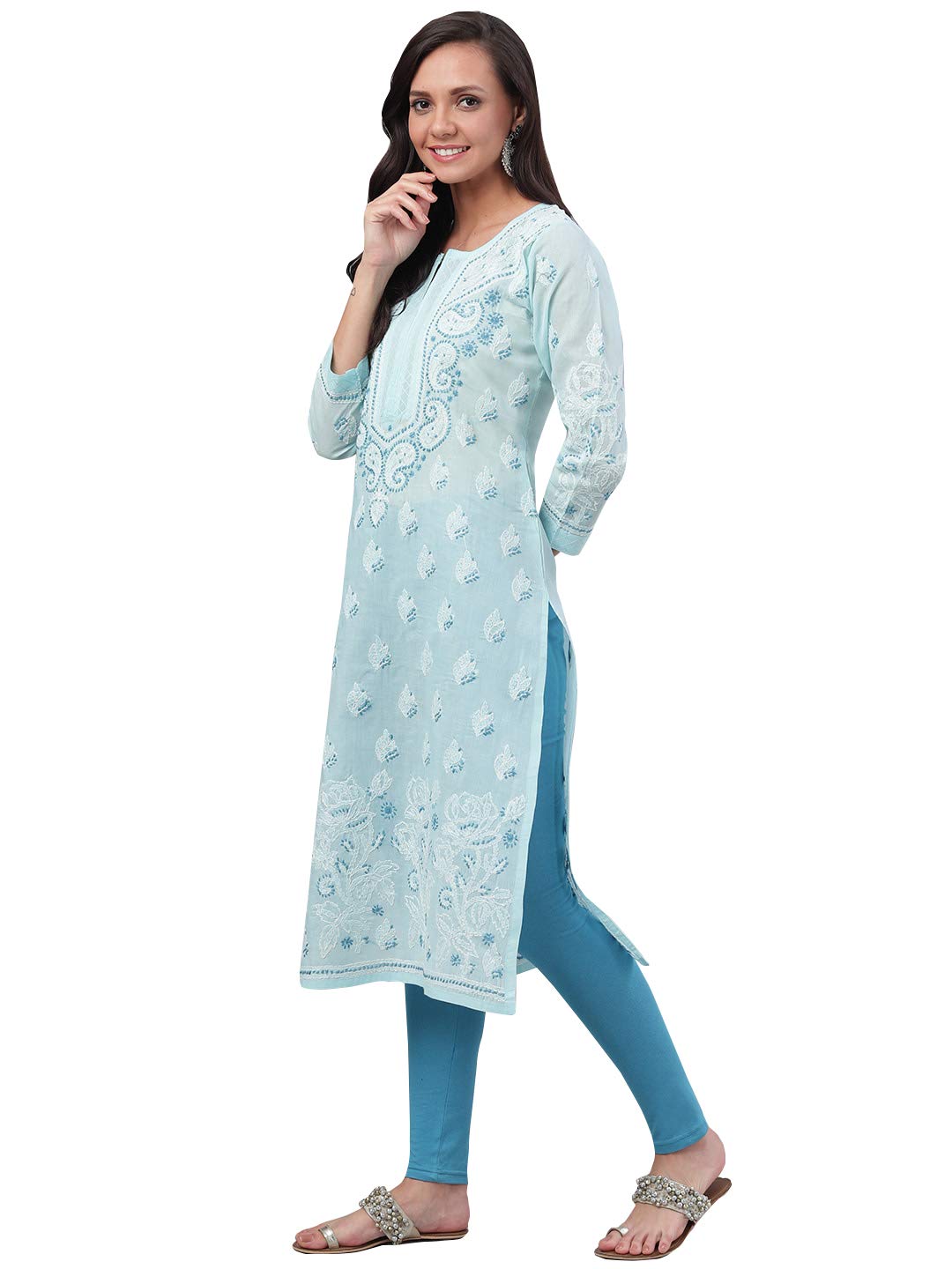 Ada Hand Embroidered Lucknowi Chikankari Straight Cotton Kurti Kurta for Women A220999 White 2XL