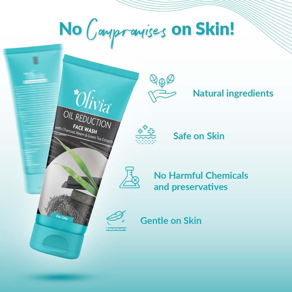 Olivia Oil Reduction Face Wash With Charcoal Neem And Green Tea Extracts | Face Wash For Oily, Sensitive & Normal Skin | Reduces Blemishes & Breakouts, Paraben Free - 100Ml