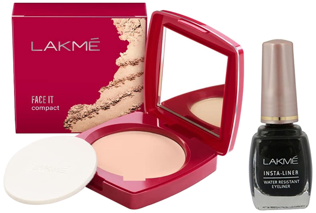 Lakmé Insta Matte Finish Eye Liner, Black, Water Resistant, Long-Lasting Liquid, 9Ml & Face It Compact, Pearl, 9G