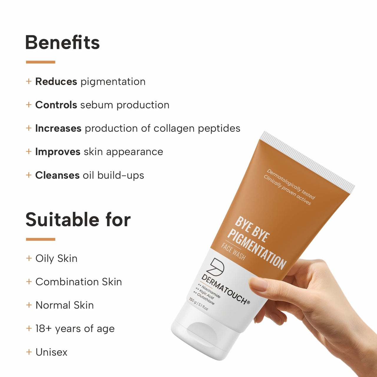 DERMATOUCH Bye Bye Pigmentation Face Wash || Anti Pigmentation for Women/Men with Niacinamide, Kojic Acid, & Glutathione - 150gx150g