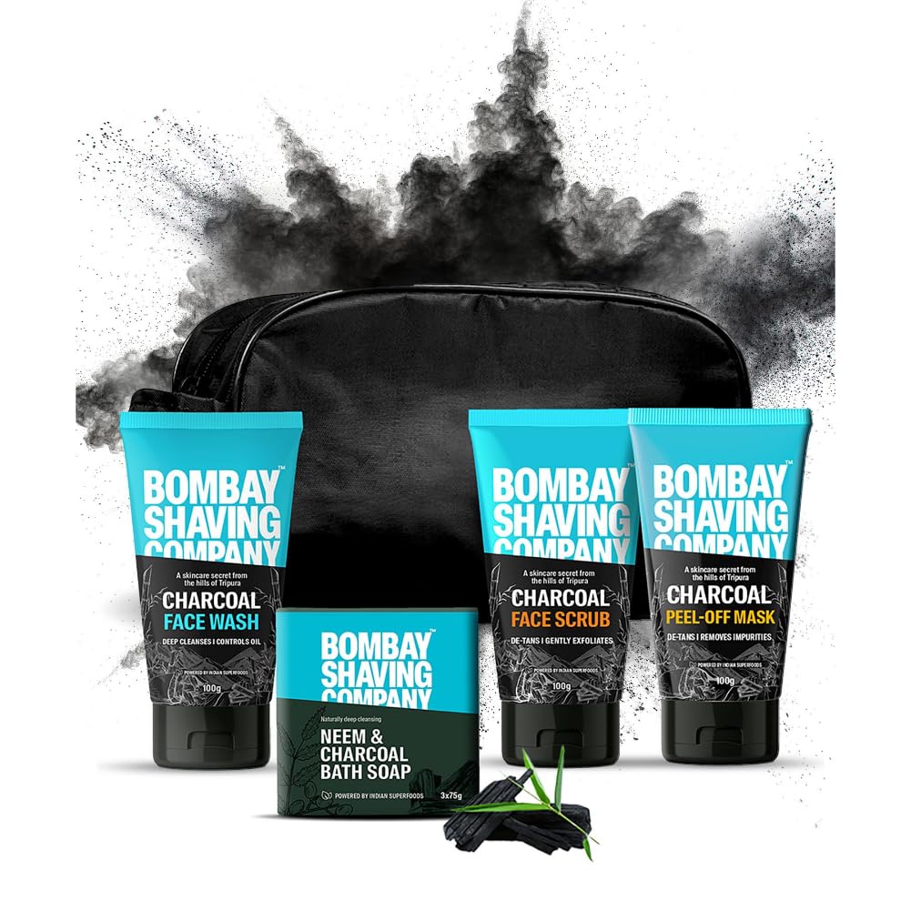 Bombay Shaving Company Valentine's  Day Gift Kit For Men|Activated Charcoal Facial Kit|Charcoal Face Wash, 100 Gm, Charcoal Face Scrub, 100 Gm, Neem & Charcoal Soap, 75Gm, Charcoal Peel Off Mask, 100Gm