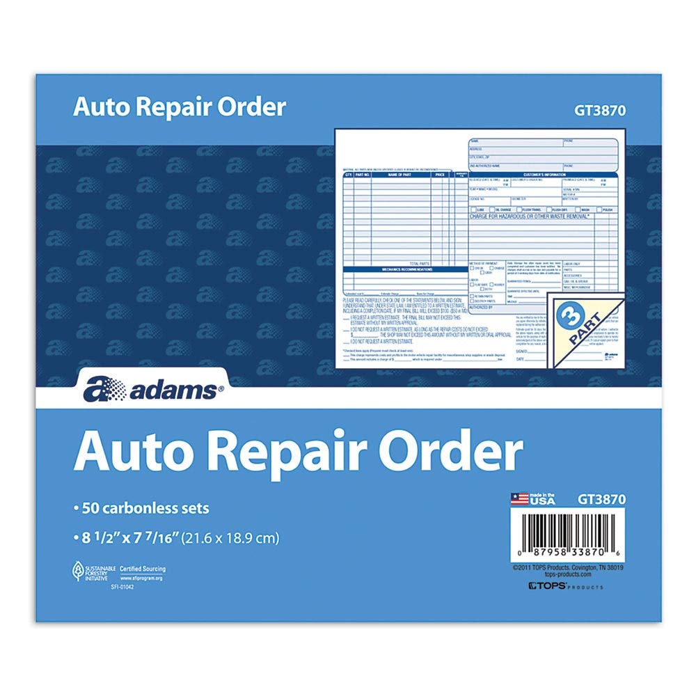 Adams Auto Repair Order Forms, 8.5 x 7.44 Inch, 3-Part, Carbonless, 50-Pack, White and Canary (GT3870)