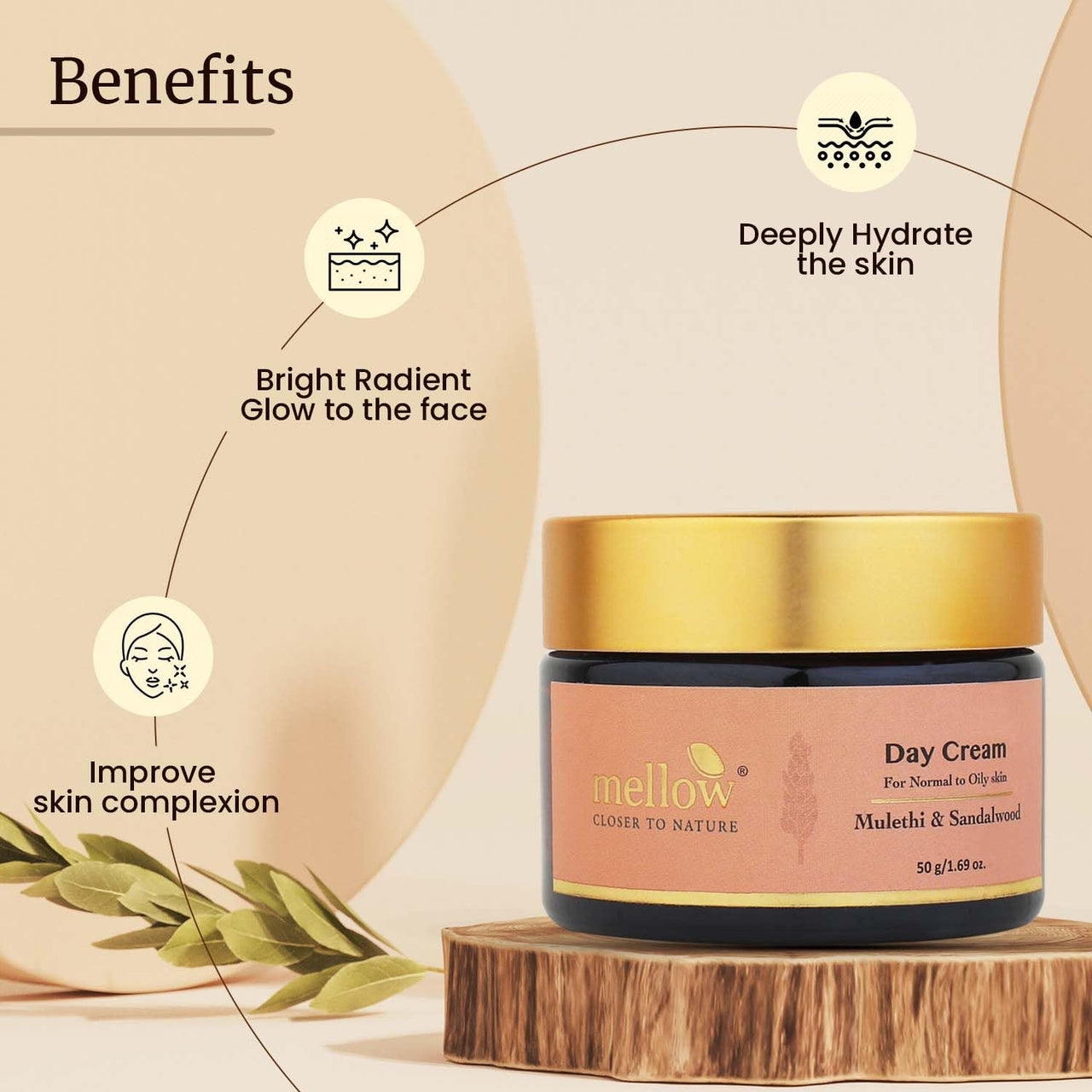 Mellow Mulethi & Sandalwood Day Cream | Lightweight Moisturizer for Oily & Normal Skin | Brightens, Hydrates & Protects from UVA/UVB | Non-Greasy, Fast-Absorbing | 50gm