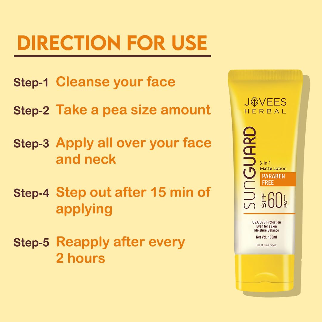 Jovees Herbal Sun Guard Lotion SPF 60 Pa+++ Broad Spectrum For All Skin | 3 in 1 Matte Lotion UVA/UVB Protection, Moisture Balance, Even Tone Skin For Women/Men 100ml (Pack of 2)