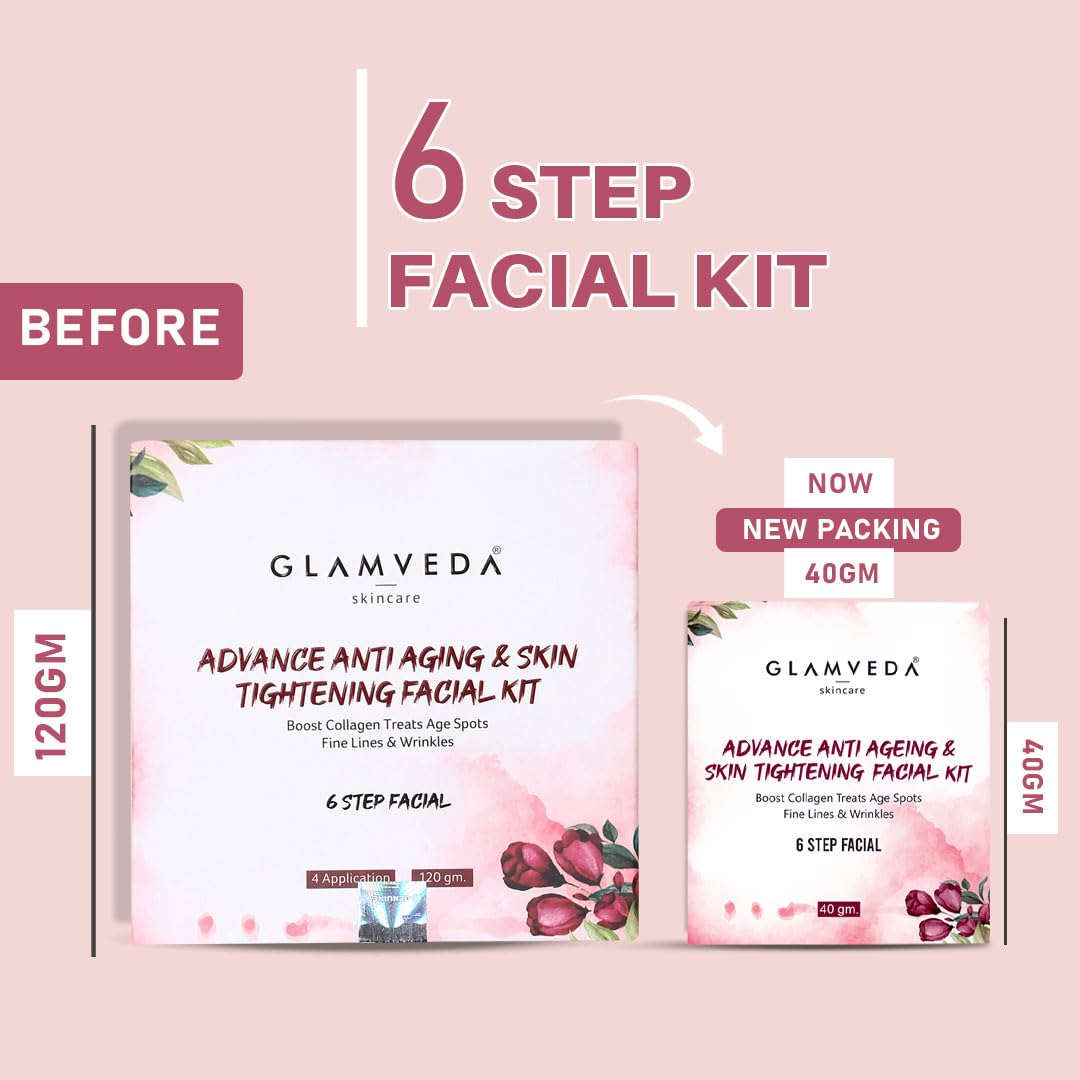 Glamveda Advance Anti Ageing & Skin Tightening Facial Kit | 6 steps | Lightens Fine Lines & Wrinkles | Sulphur & Paraben Free | 40 GM