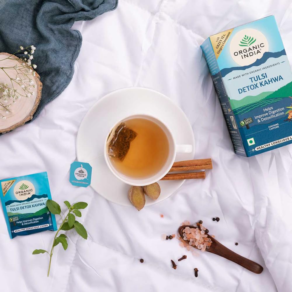A TATA Product - Organic India Tulsi Detox Kahwa - 25 Tea Bags, Helps Improve Digestion & Detoxification, Rich in Antioxidants, Made with Tulsi, Ginger, Clove, and Green Tea