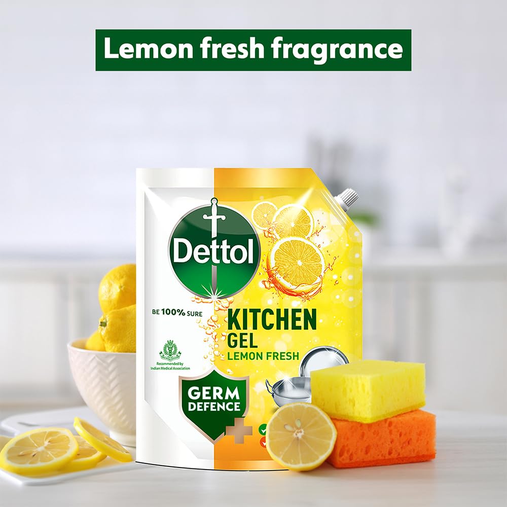 Dettol Lemon Fresh Dishwash liquid and Kitchen Gel || Cuts Tough Grease || Remove germs || 1500ml, (Refill Pack)