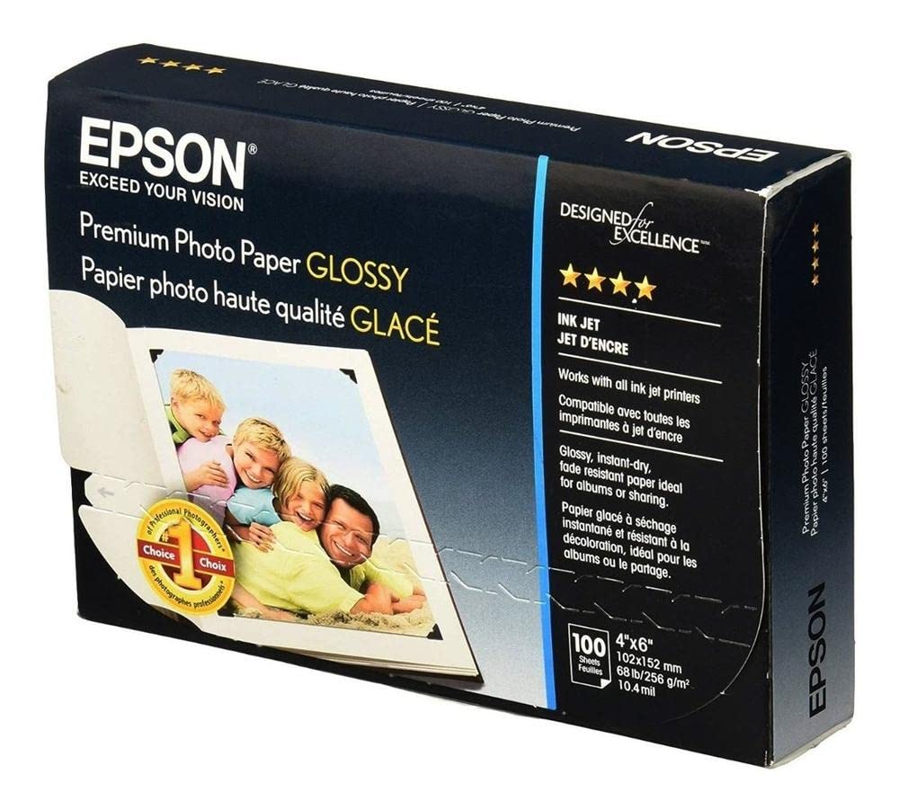 Epson S041727 Premium Photo Paper, 68 lbs., High-Gloss, 4 x 6 (Pack of 100 Sheets),White 4x6 Inches