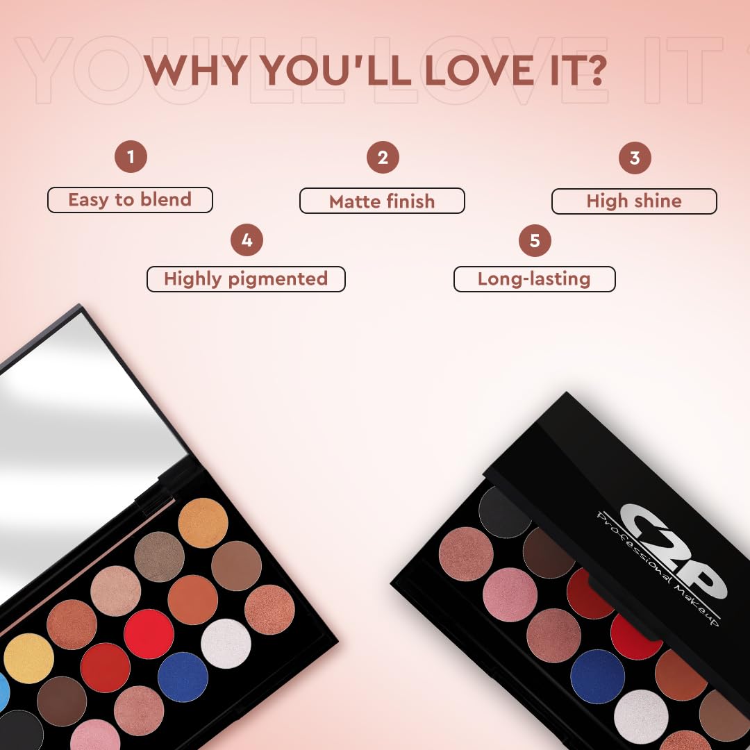 C2P Pro Metal & Matte Eyeshadow Palette, Smooth, Blendable & Creamy Texture, Long Lasting & Full Coverage with Versatile Shades Eyeshadow Kit, 20 grams