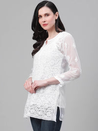 Ada Women's  Hand Embroidered Lucknowi Chikankari Georgette Short Top Kurti with Slip