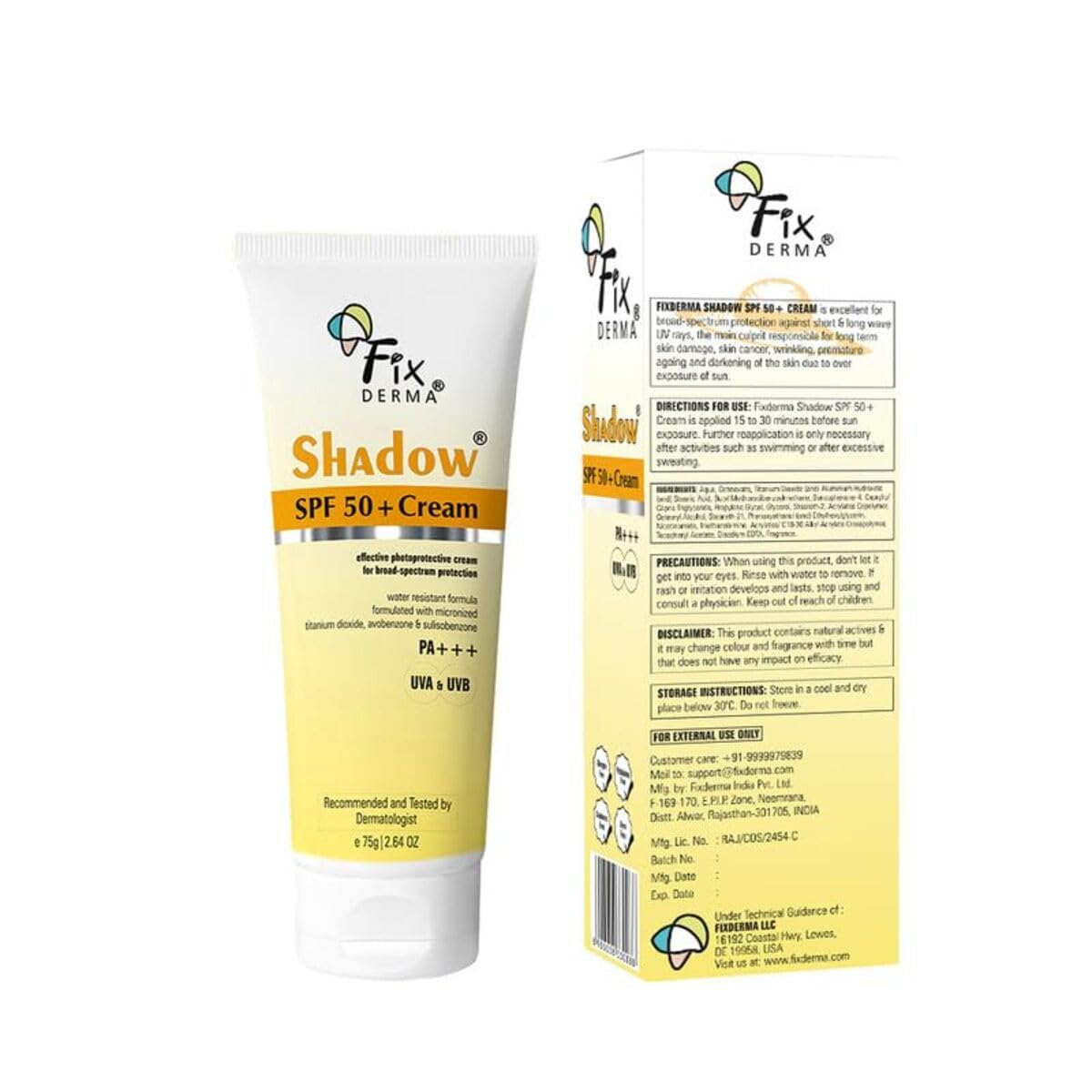 Fixderma Shadow Sunscreen SPF 50+ Cream PA+++ Dry Skin For Body & Face Broad Spectrum Sunscreen For UVA & UVB Protection Non Greasy & Water Resistant-75gm (Pack Of 1)