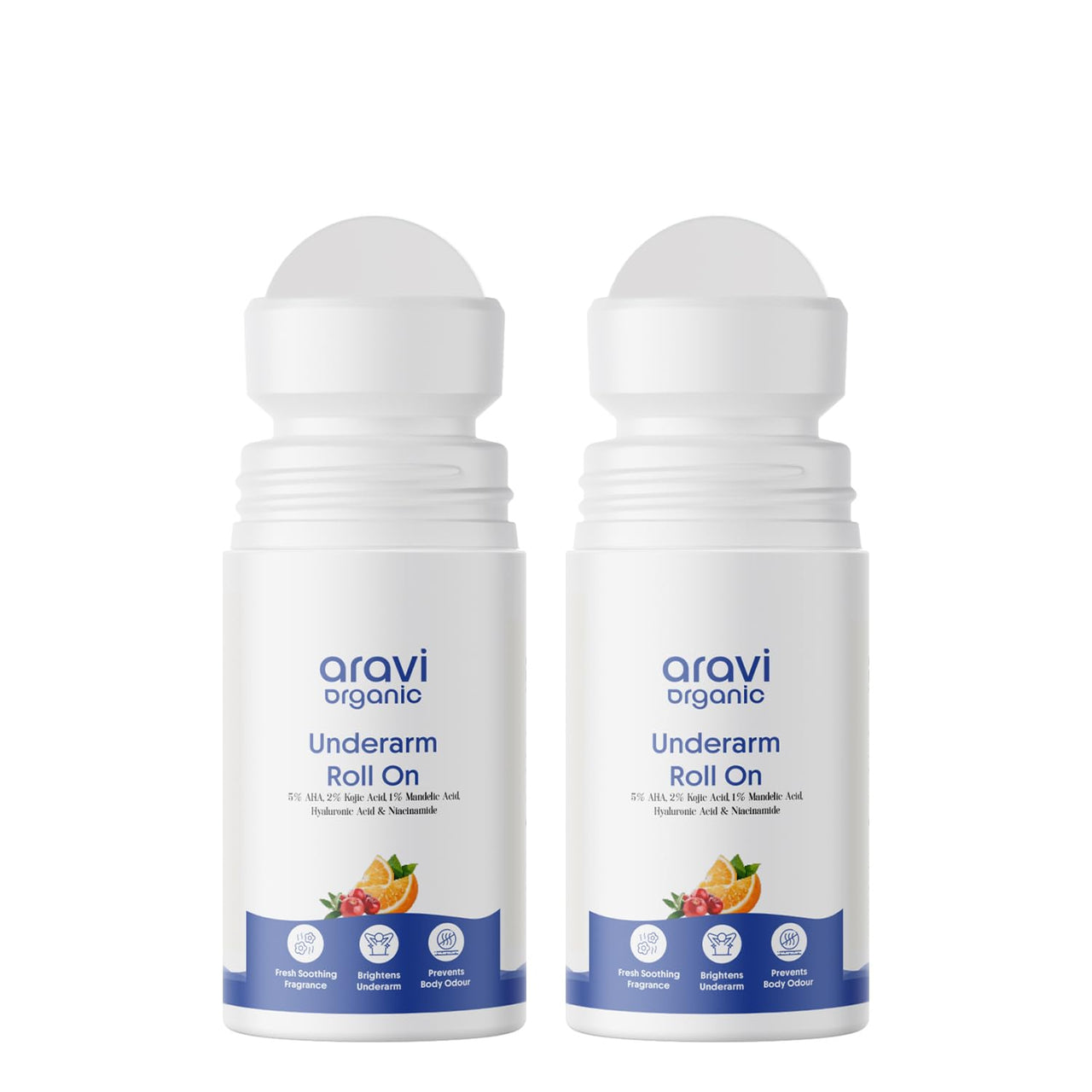 Aravi Organic Cooling Underarm Roll-On | 5% AHA, 2% Kojic Acid & 1% Mandelic Acid | Controls Odour & Sweat | Reduces Pigmentation & Exfoliates | Alcohol-Free & Aluminium-Free | Fresh Aqua Fragrance (100 ml Pack of 2)