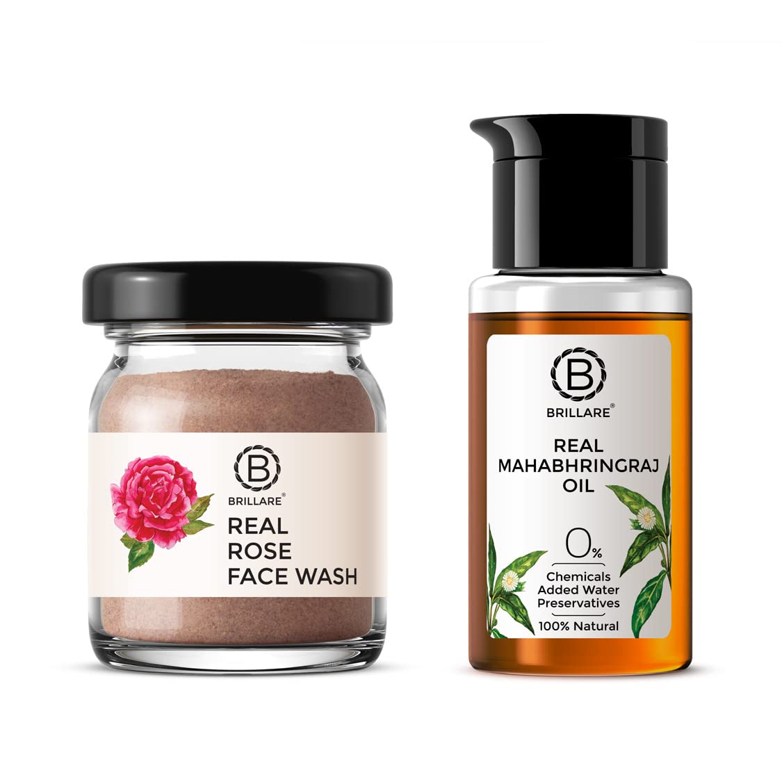 Brillare Real Mahabhringraj Oil with 14 Traditional Herbs50ml & Brillare Rose Face Wash | Anti Ageing Skin | Sandalwood & Coconut Face Wash for Hydration| 15g Combo