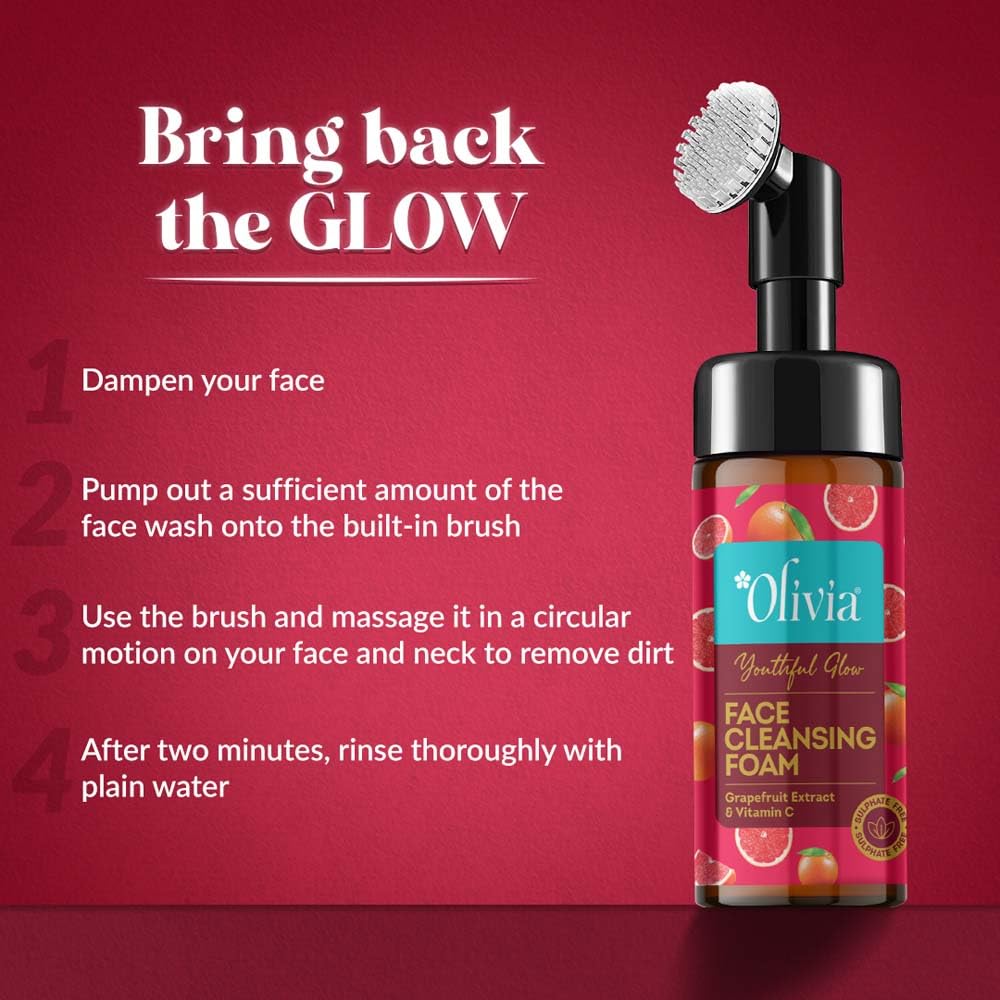 Olivia Youthful Glow Face Cleansing Foam, Built In Brush Face Wash For Deep Cleansing, Massage, Exfoliate, Glowing Bright Skin With Grapefruit Extract & Vitamin C - 150Ml