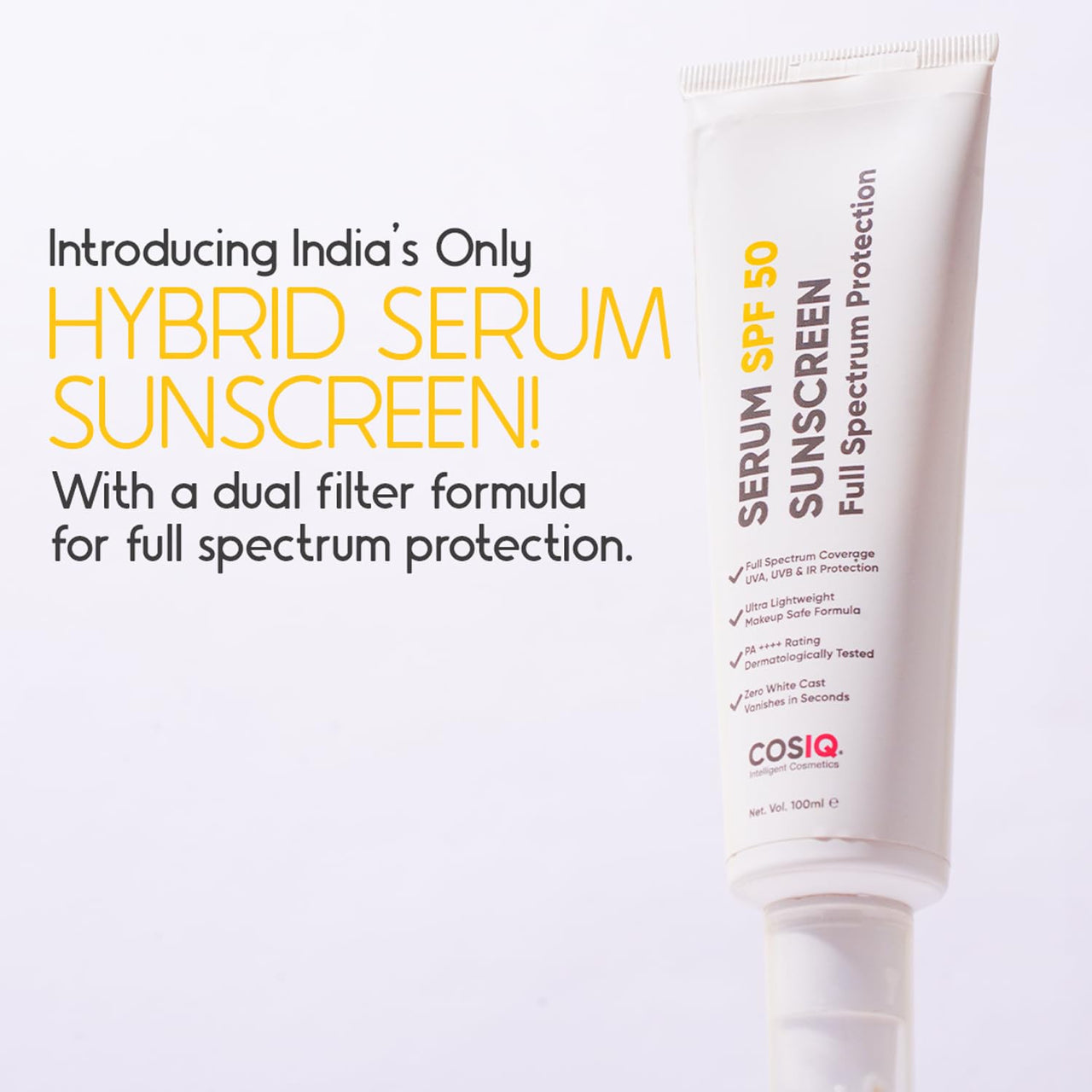 Cos-IQ Sunscreen Serum SPF 50 PA++++ Broad Spectrum, UVA, UVB & IR Protection, No White Cast, Ultra-Light Weight, Skin Safe, Dewy Finish For Unisex, 100ml