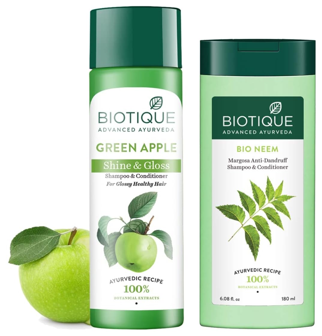 Biotique Bio Neem Margosa Anti Dandruff Shampoo and Conditioner, 180ml And Biotique Bio Green Apple Fresh Daily Purifying Shampoo And Conditioner, 190ml