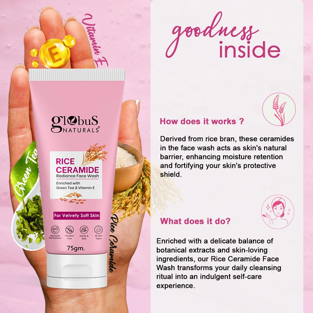 Globus Naturals Rice Ceramide Korean Velvety Skin Face Wash | Improves skin barrier| Ayurvedic Preparation| Paraben Free, Gentle & Mild| Suitable For All Skin Types, 75 gm