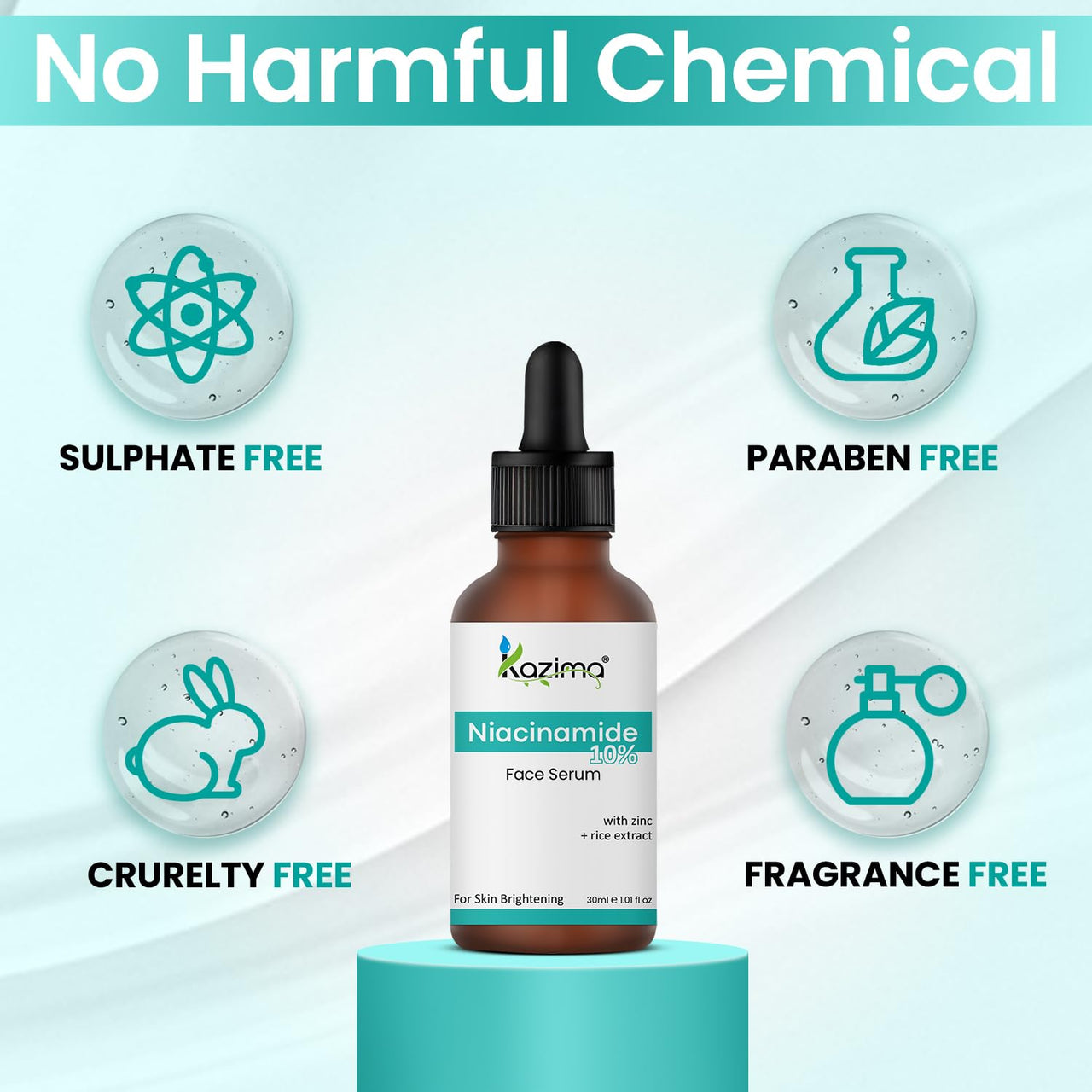 KAZIMA 10% Niacinamide Face Serum for Acne Marks and Dark Spots, with Zinc and Rice Extract | Fades Blemishes, Reduces Hyperpigmentation & Balances Oil | Niacinamide Serum for Oily Skin | 30 ml