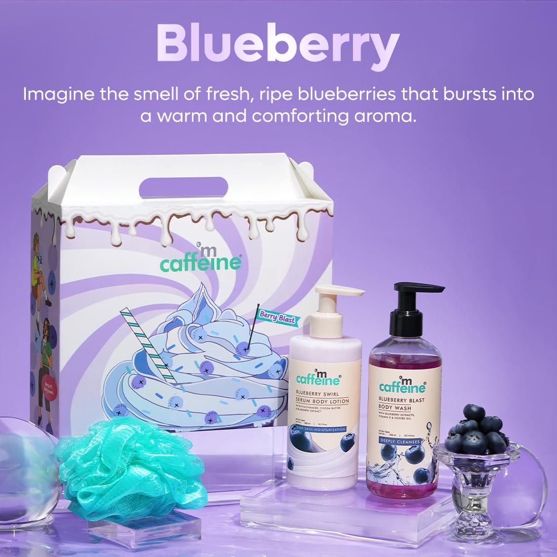 mcaffeine Blueberry Escape Bath & Body Gift Kit|Body Wash, Body Lotion, Teal Loofah|Gift Set For Men And Women|Pampering Kit For Birthday, Anniversary & All Special Occasions| 100% Vegan