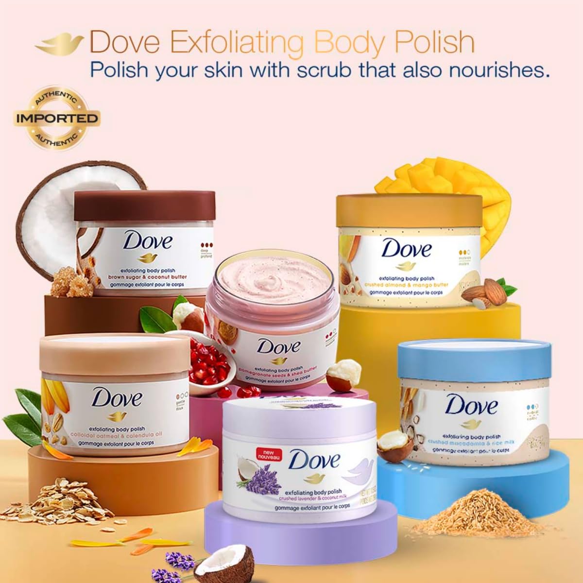 Dove Exfoliating Body Polish Scrub with Crushed Lavender & Coconut Milk for Dry Skin, Gently Exfoliates & Removes Dead Skin, Naturally Derived Ingredients, Sulfate-Free, Soothing Scent, 298 g