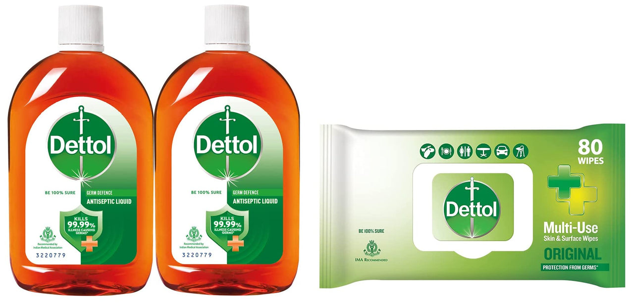 Dettol Antiseptic Disinfectant liquid for First aid, Surface Cleaning and Personal Hygiene, 250ml, Pack of 2 & Dettol Disinfectant Sanitizer Wet Wipes for Skin & Surfaces, Original – 80 Count