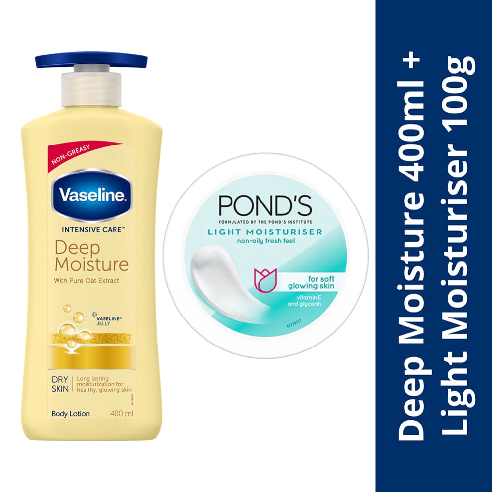 Vaseline Winter Care Combo: Deep Moisture Lotion, 400Ml With Ponds Light Moisturiser 100G, For Soft, Moisturised Skin