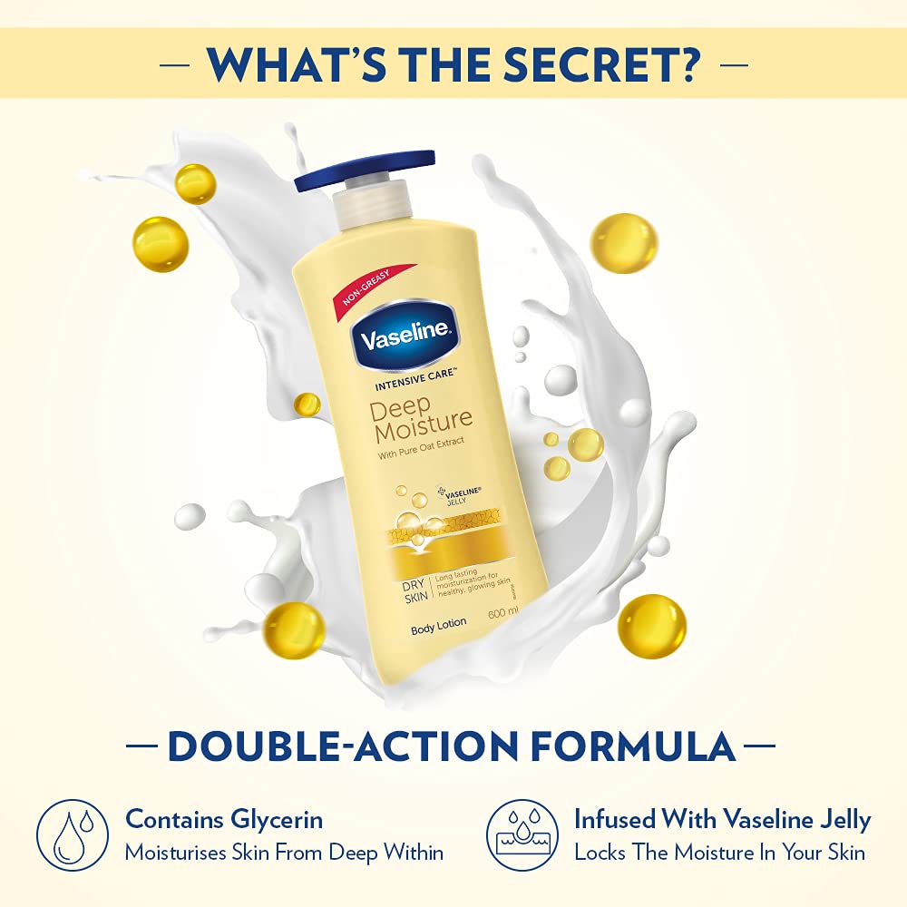 Vaseline Intensive Care Deep Moisture Nourishing Body Lotion 600 ml, Daily Moisturizer for Dry Skin, Gives Non-Greasy, Glowing Skin - For Men & Women (Pack of 2)