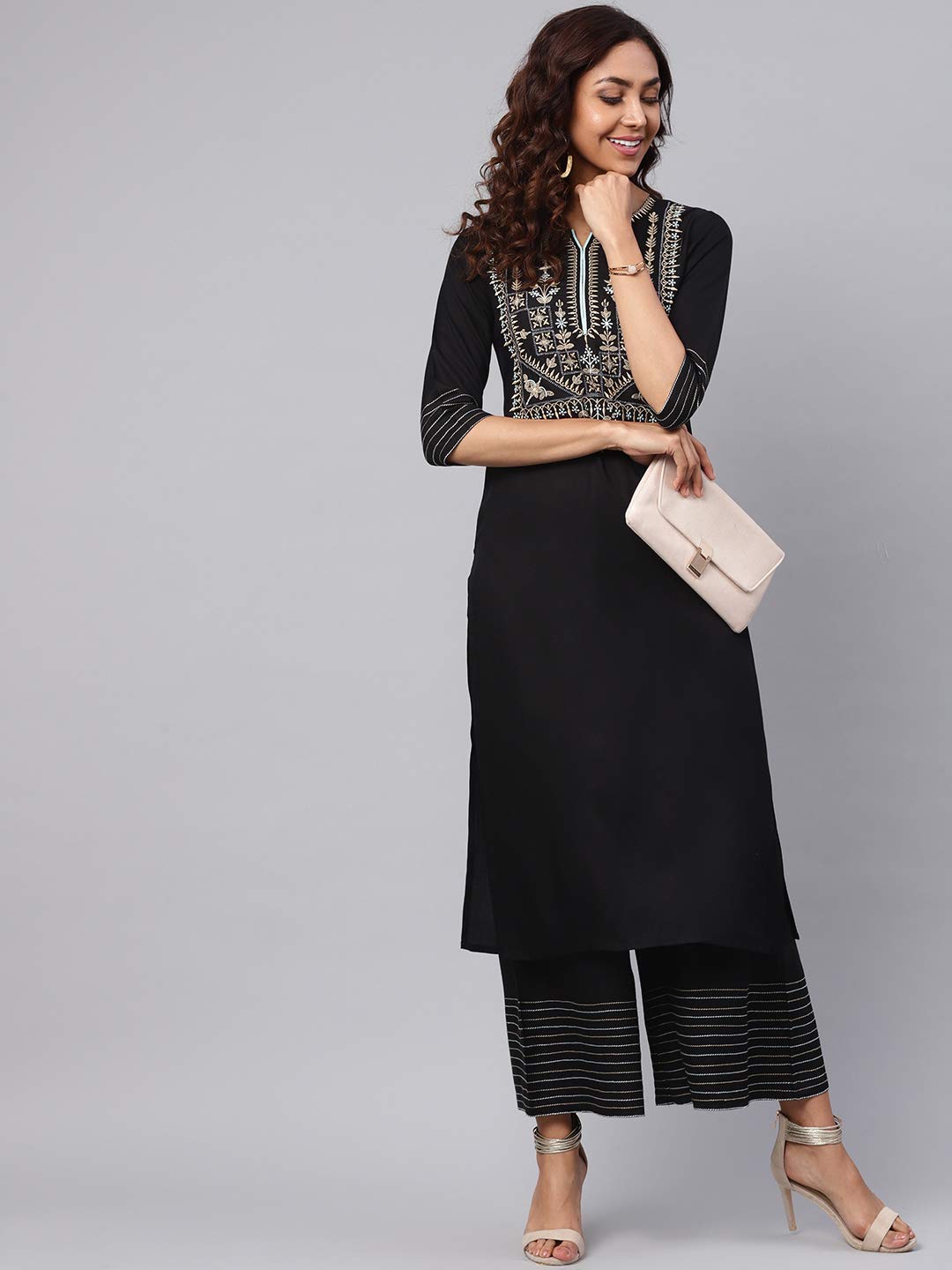 idaLia Women's  Embroidered Black Rayon Kurta With Palazzo Pants