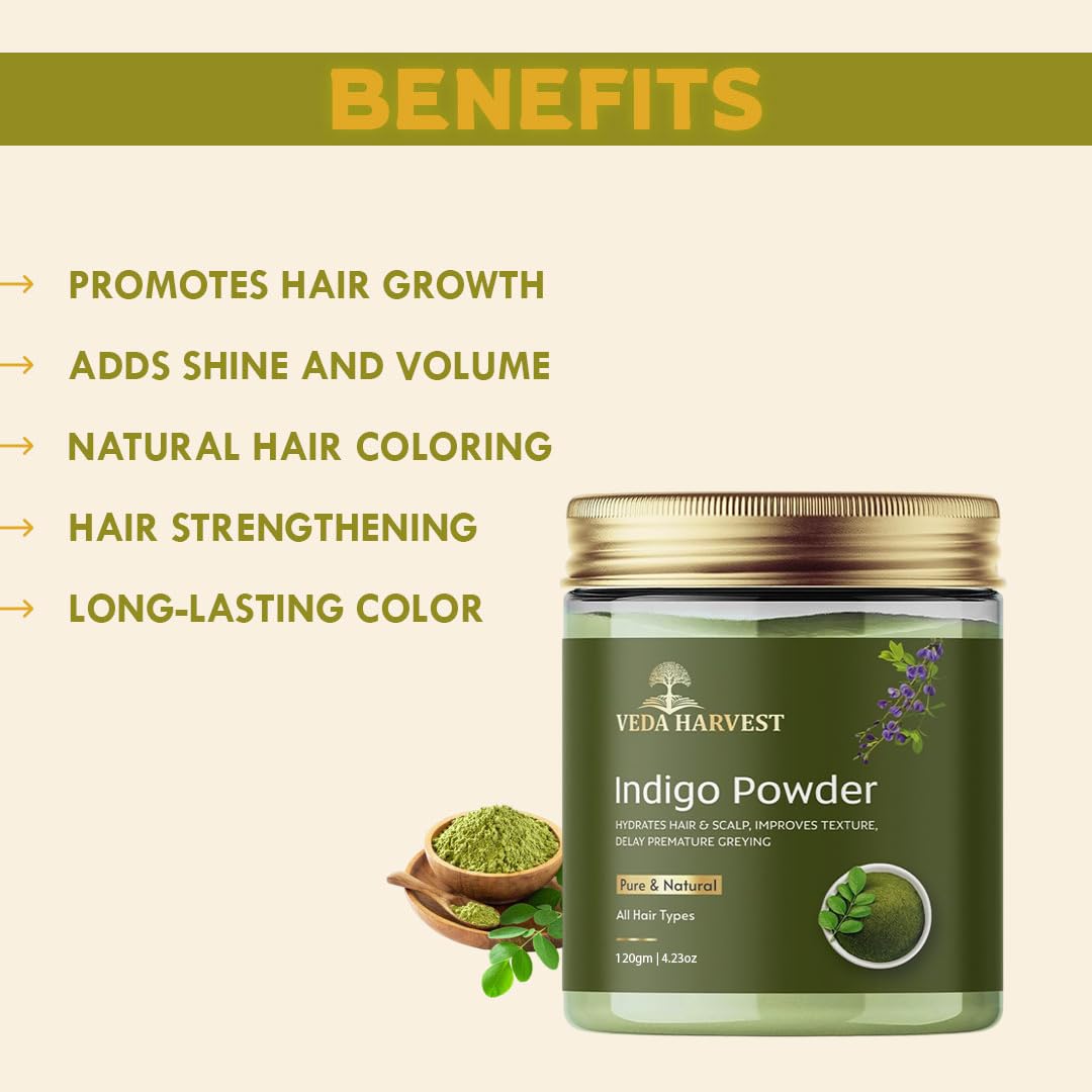 VEDAHARVEST Indigo Powder 120gm Natural Hair Dye | Chemical-Free & Plant-Based Black Hair Color