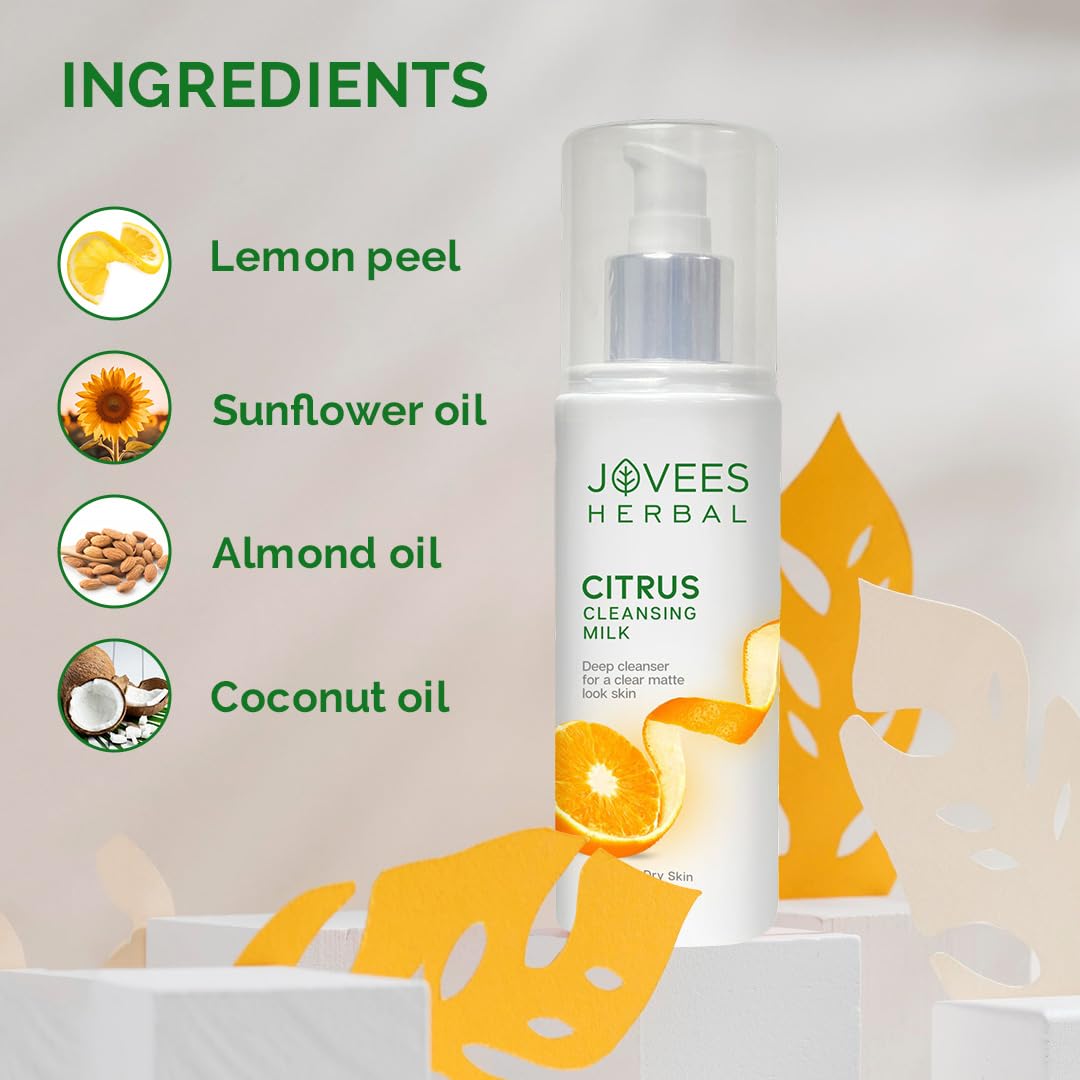 Jovees Herbal Citrus Cleansing Milk For soft, Clean & Healthy skin with Lemon Peel, Almond & Coconut Oil | Gentler Cleanser For Make-up and Dirt Keeps your skin toned | For Normal to Dry Skin- 200ml
