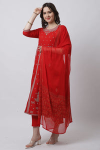 Women's  Rayon Slub Embroidered Kurta Set With Dupatta