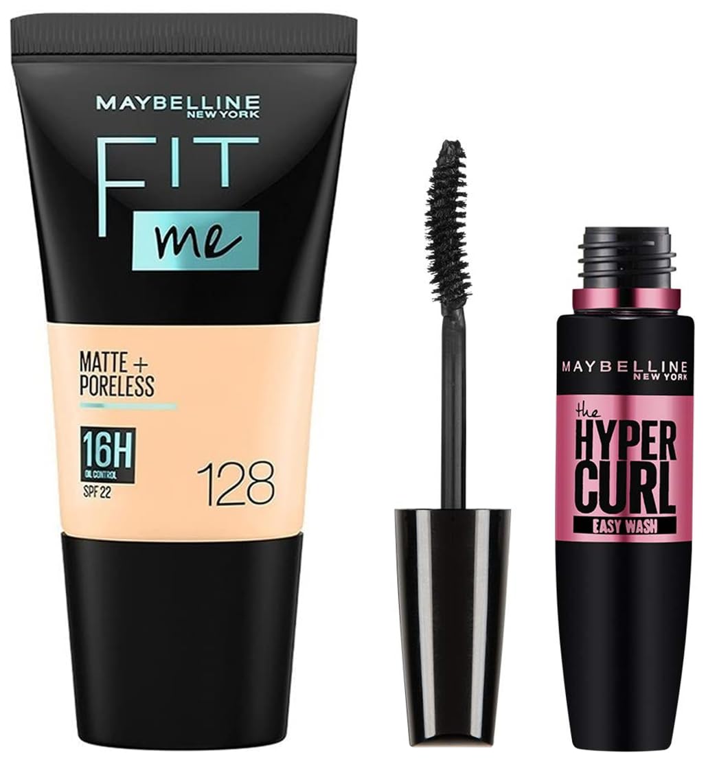 Maybelline New York Fit Me Matte Light Coverage+Poreless Liquid Foundation For Oily Skin Tube, 128 Warm Nude, 18Ml And Hypercurl Mascara Washable, Black, 9.2Ml, Pack Of 1