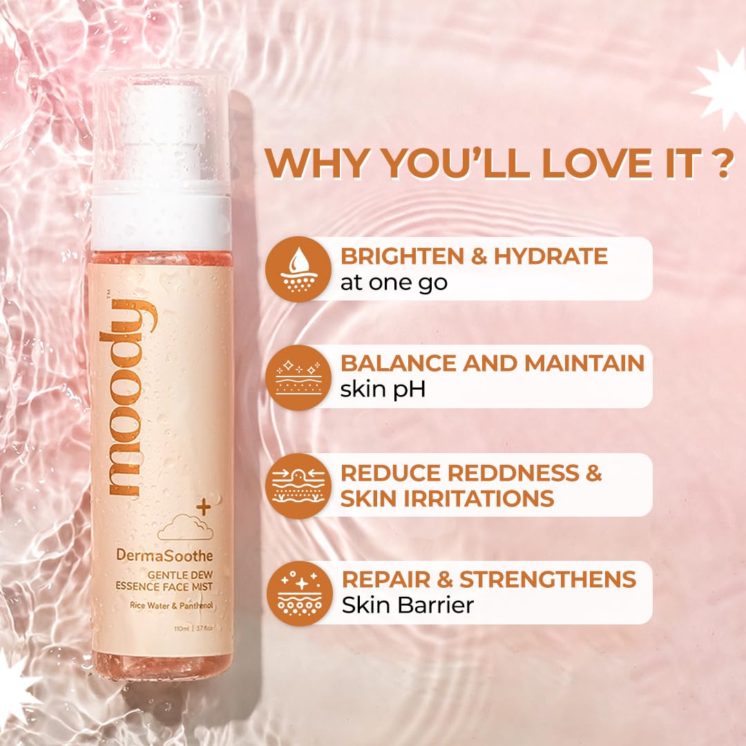 Moody DermaSoothe Brighening Face Mist & Essence Toner with Rice & Ceramides |Strenghten Skin Barrier | For Clear, Glass Korean Skin, Bright & Hydrated Skin | Alcohol-Free Toner |100% Vegan | 110ml