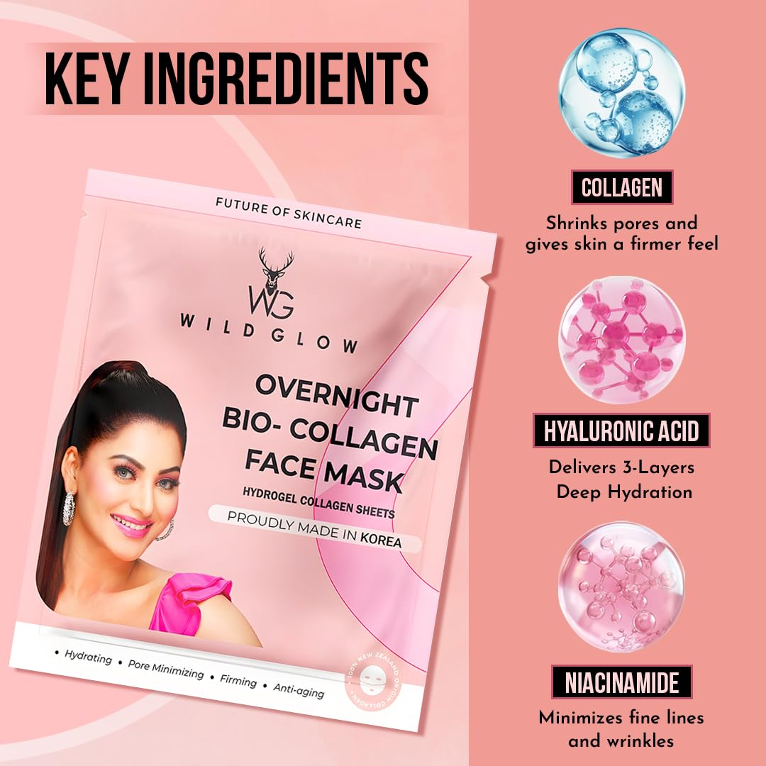 WILDGLOW Korean Glass Skin Bio-Collagen Overnight Face Mask for Deep Hydration, Pigmentation, Anti-Aging & Pore Minimizing | Hyaluronic Acid, Niacinamide, Vitamin E & Centella | Pack of 16
