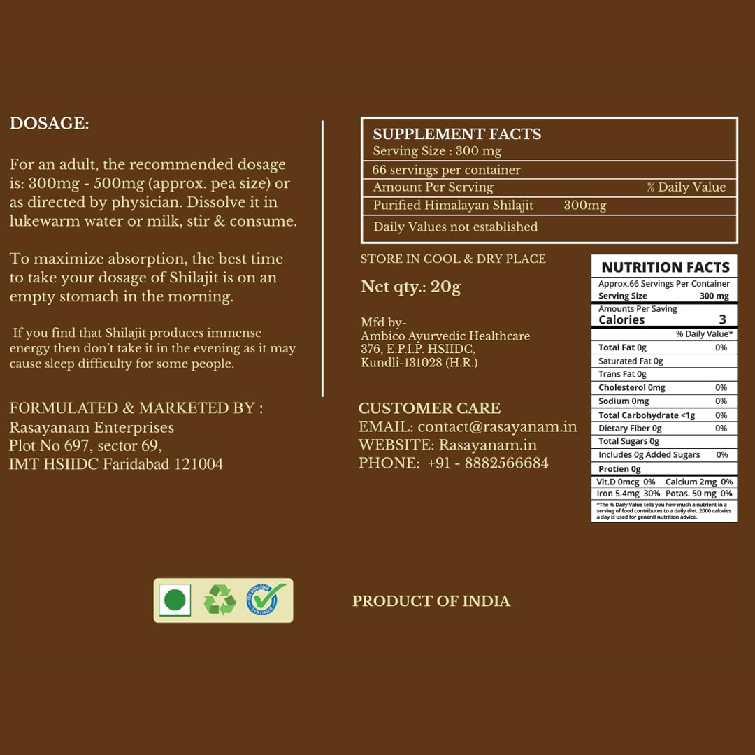 Rasayanam Pure Original Himalayan Shilajit/Shilajeet Resin 20g | Improve Strength & stamina for men & women | 4X Concentrated formula, Stronger Than Pills & Capsules