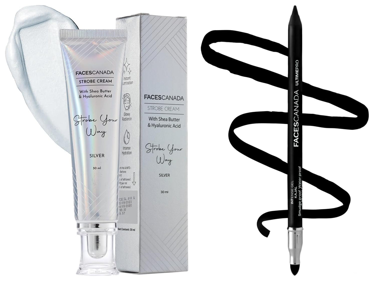 FACESCANADA Strobe Cream - Silver 30Ml And Facescanada Ultime Pro Intense Gel Kajal With Smudger & Sharpener - Black,1.2 G