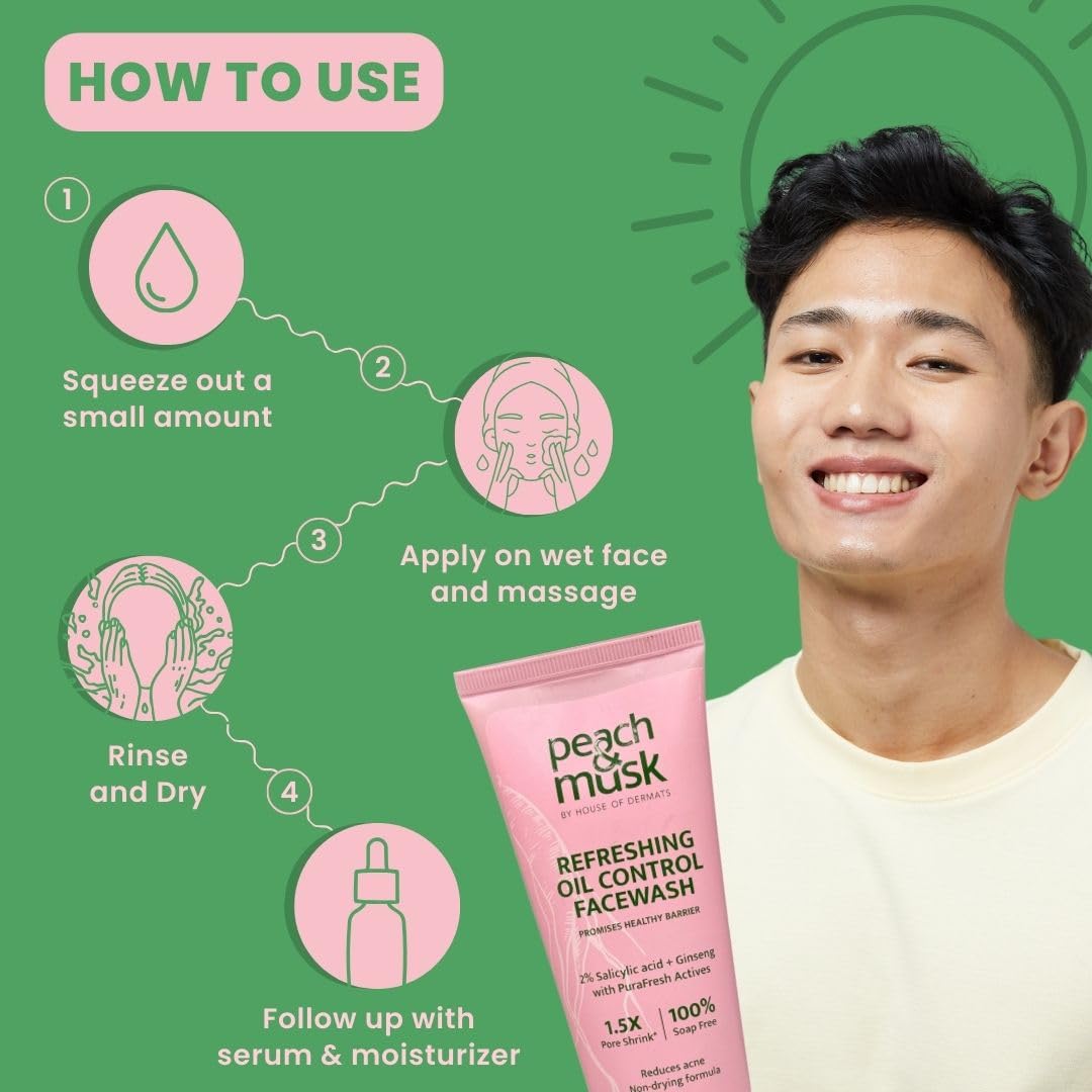Peach and Musk Refreshing Oil Control Facewash, 2% Salicylic Acid with Ginseng, Controls Oil and Reduces Acne, Sulphate & Parabens Free, Soap Free Face Wash - 100gm