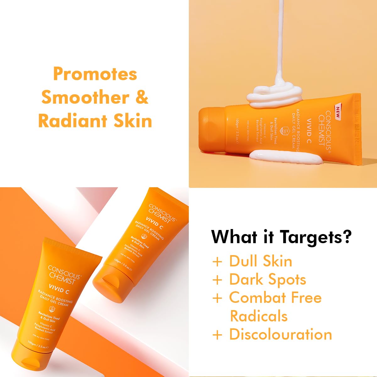 Conscious Chemist® Vitamin C Cream with SPF30 PA+++ | 100g | Vitamin C Brightening Moisturizer, Face Cream for Men & Women, Daily Gel with Polyglutamic Acid for Healthy & Bright Skin, All Skin Types - Vivid C