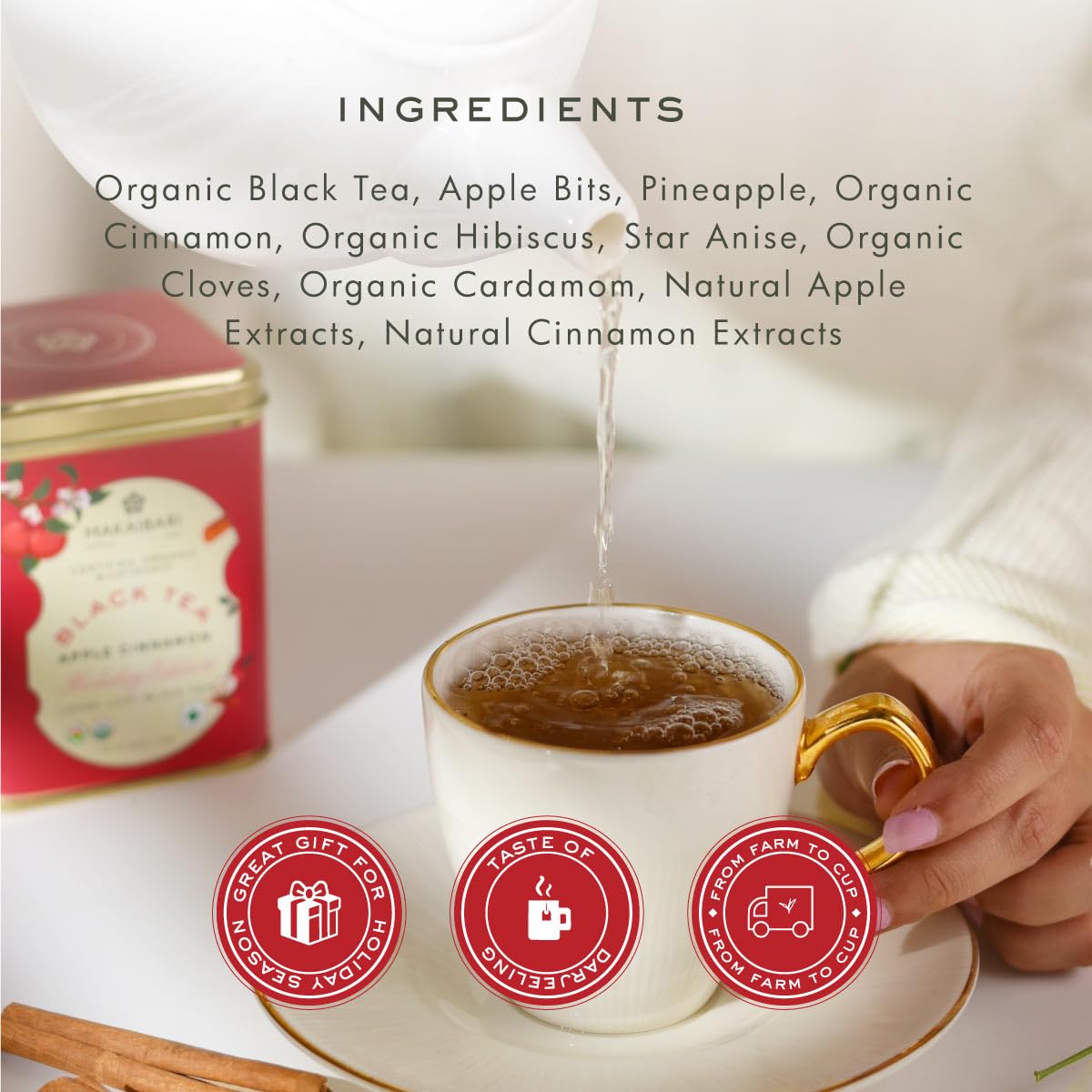 Makaibari Holiday Edition : Apple Cinnamon Black Tea | Usda Certified Premium Black Tea | Anti-Oxidants, Immunity Booster | Tin Caddy, Loose Leaves - 50 Gm