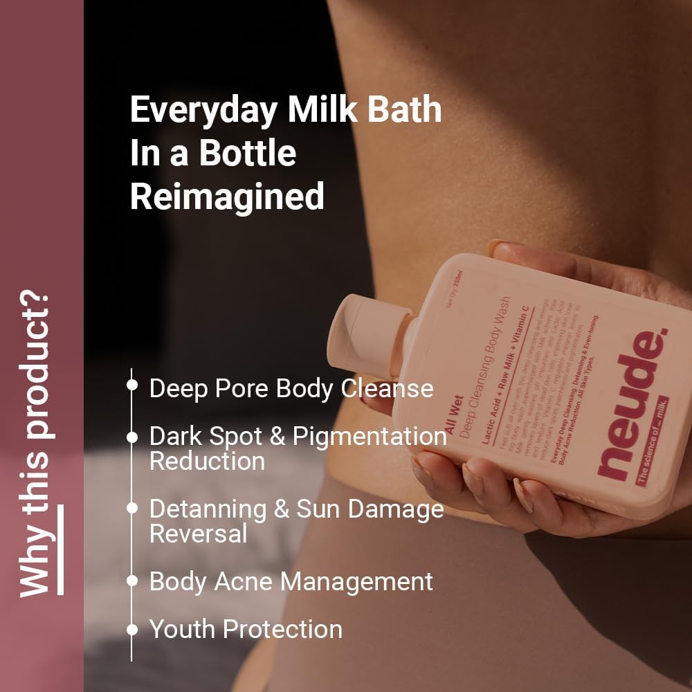 Neude All Wet 250ml De-Tan Body Wash with Milk, Lactic Acid, Vitamin C for Skin Brightening, Dark Spot & Pigmentation Reduction; Deep Cleansing Shower Gel Prevents Dryness for Men & Women - Pack of 2