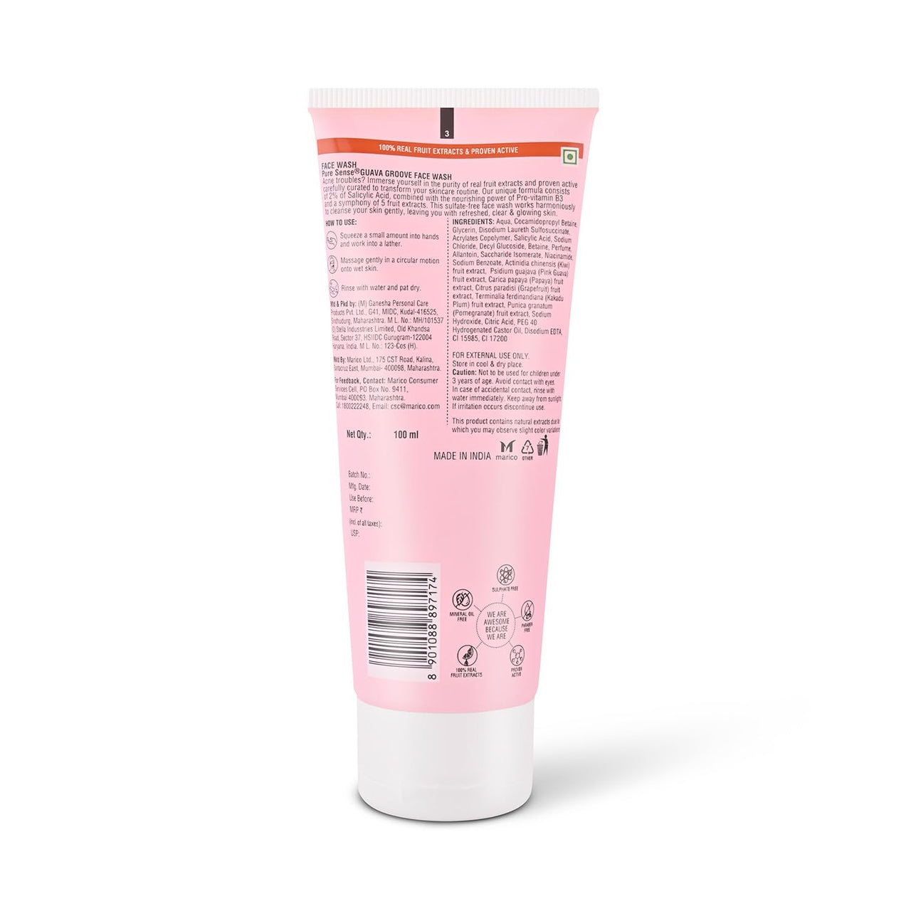 PureSense Guava Groove Face Wash with 2% Salicylic Acid | Pomegranate & Kiwi | Fights Acne and Controls Excess Oil | For Men & Women - 100ml